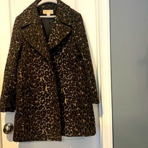 Michael Kors collared wool blend leopard print overcoat black & brown size L